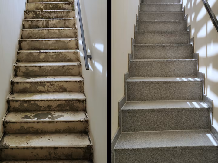 Vorher-Nachher-Vergleich einer Außentreppe: links der verwitterte Altzustand, rechts die sanierte Treppe mit Steinteppich