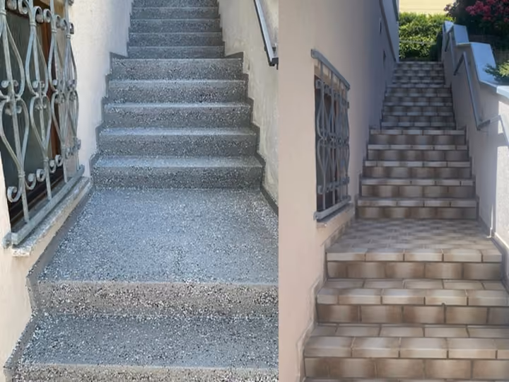 Vorher-Nachher-Vergleich einer Eingangstreppe: links die alte Stufenanlage, rechts der neue Belag